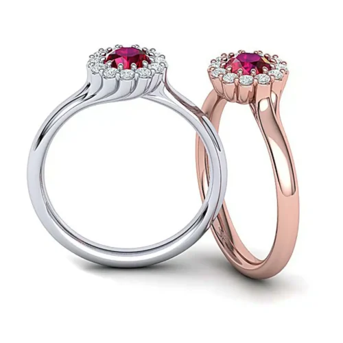 Inel de Aur 14K cu Rubin Rotund si Halo de Diamante Briliant IL058