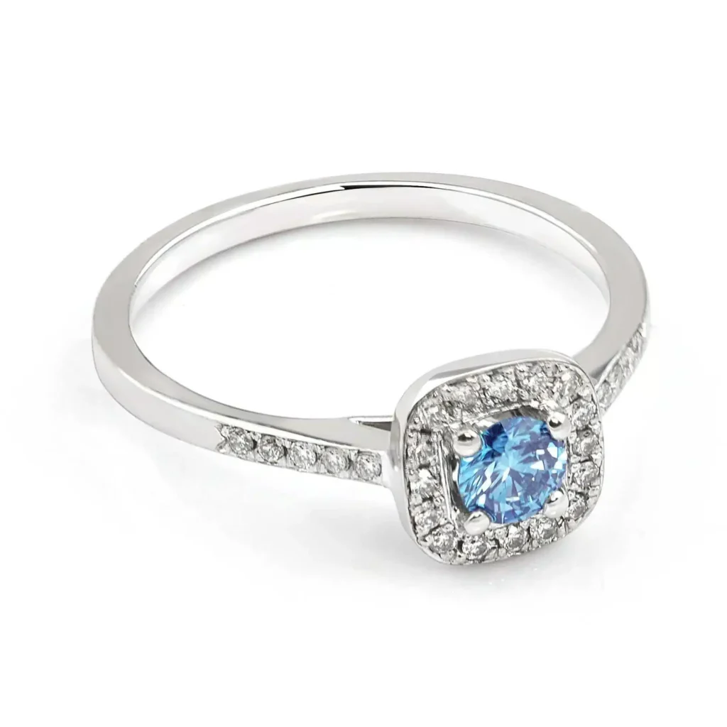 Inel de logodna Hallo din Aur alb cu Diamant Albastru IL132