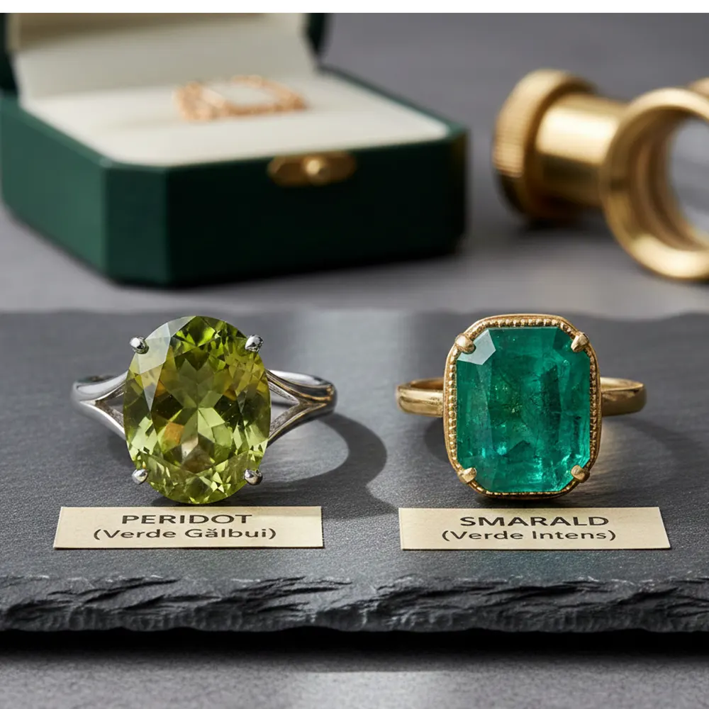 Comparatie vizuala intre cristal brut de peridot si smarald natural