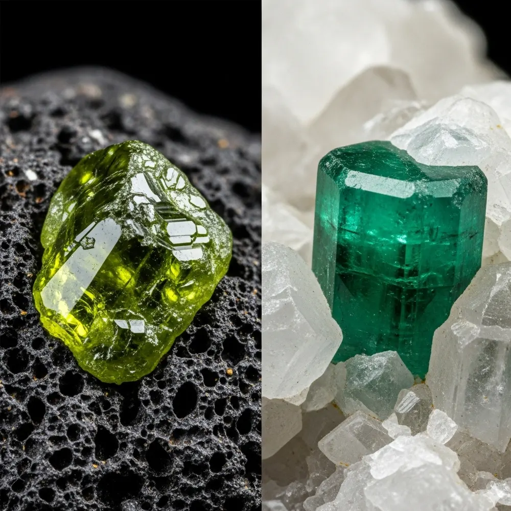 Comparatie vizuala intre cristal brut de peridot si smarald natural
