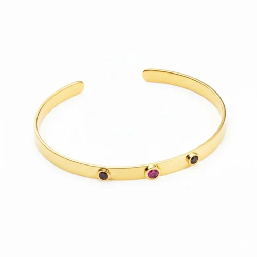 Bratara Fixa Deschisa din Aur Galben cu Diamant Negru, Safir Roz si Diamant Albastru – Diamondstone