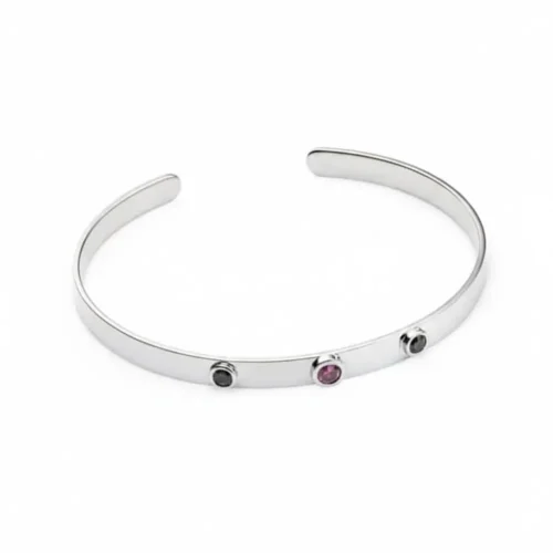 Bratara Fixa Deschisa din Aur alb cu Diamant Negru, Safir Roz si Diamant Albastru – Diamondstone