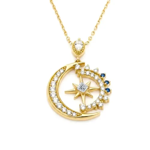 Pandantiv aur galben cu soare si luna cu diamantee