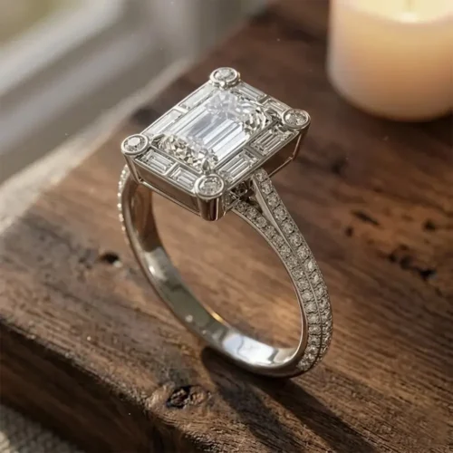 Inel aur ALB cu diamant emerald si baghete IL258