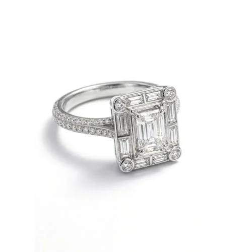 Inel aur cu diamant NATURAL emerald si baghete IL258