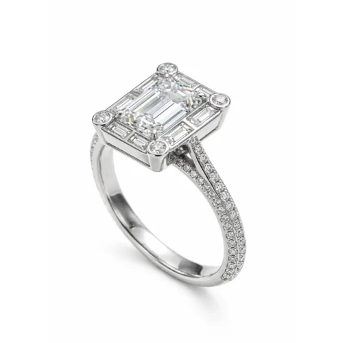 Inel aur cu diamant emerald si baghete IL258