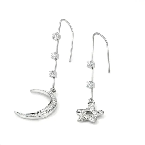 Cercei aur alb lungi luna si stea cu diamante -