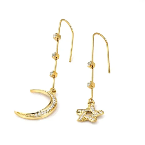 Cercei aur galbeni lungi luna si stea cu diamante - CT071