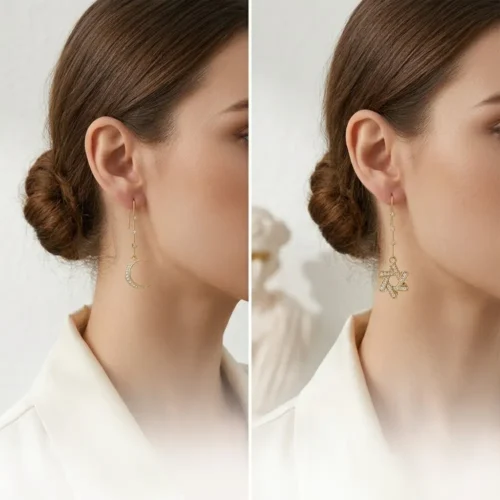 Cercei aur lungi luna si stea cu diamante