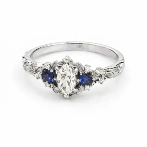 Inel de logodnă aur alb 14K cu diamant marquise și safire IL261