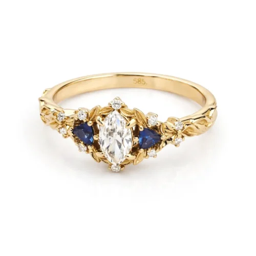 Inel de logodnă aur 14K cu diamant marquise și safire – elegant și unic IL261