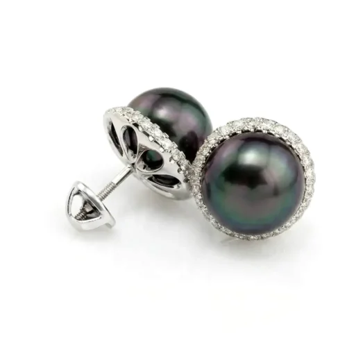 Cercei aur cu perle negre de cultura si diamante 0.50ct-CF005