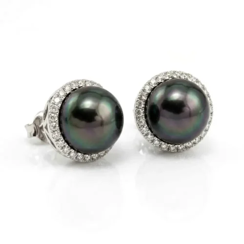 Cercei aur cu perle negre de cultura si diamante 0.50ct-CF005