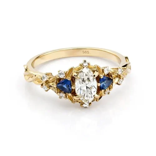 Inel de logodnă aur 14K cu diamant marquise și safire – elegant și unic IL261